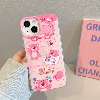 Lotso banyo Pembe Çilek Ayı şeffaf Anime Telefon Kılıfı İçin iPhone 15 14 13 12 11 Pro Max Durumda Sevimli Tatlı Darbeye Dayanıklı Kapak